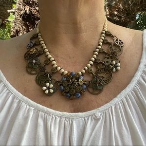 Steampunk necklace cream blue gears clocks flowers metal fun  classic Victorian